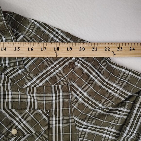Wrangler Regular Fit Pearl Snap Shirt Mens sz L Green Plaid Western - Picture 8 of 9